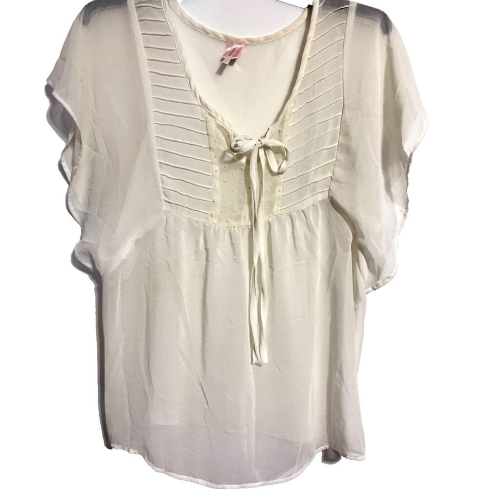 rue21 Sheer Cream Top with Tie and Flutter Sleeves Size LARGE